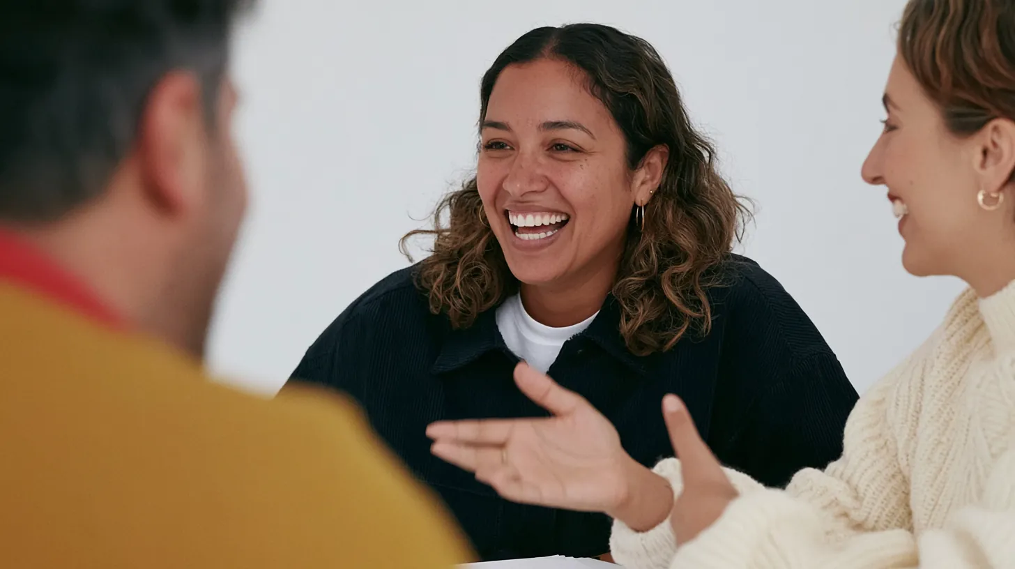 Three colleagues laughing mid-conversation in a meeting